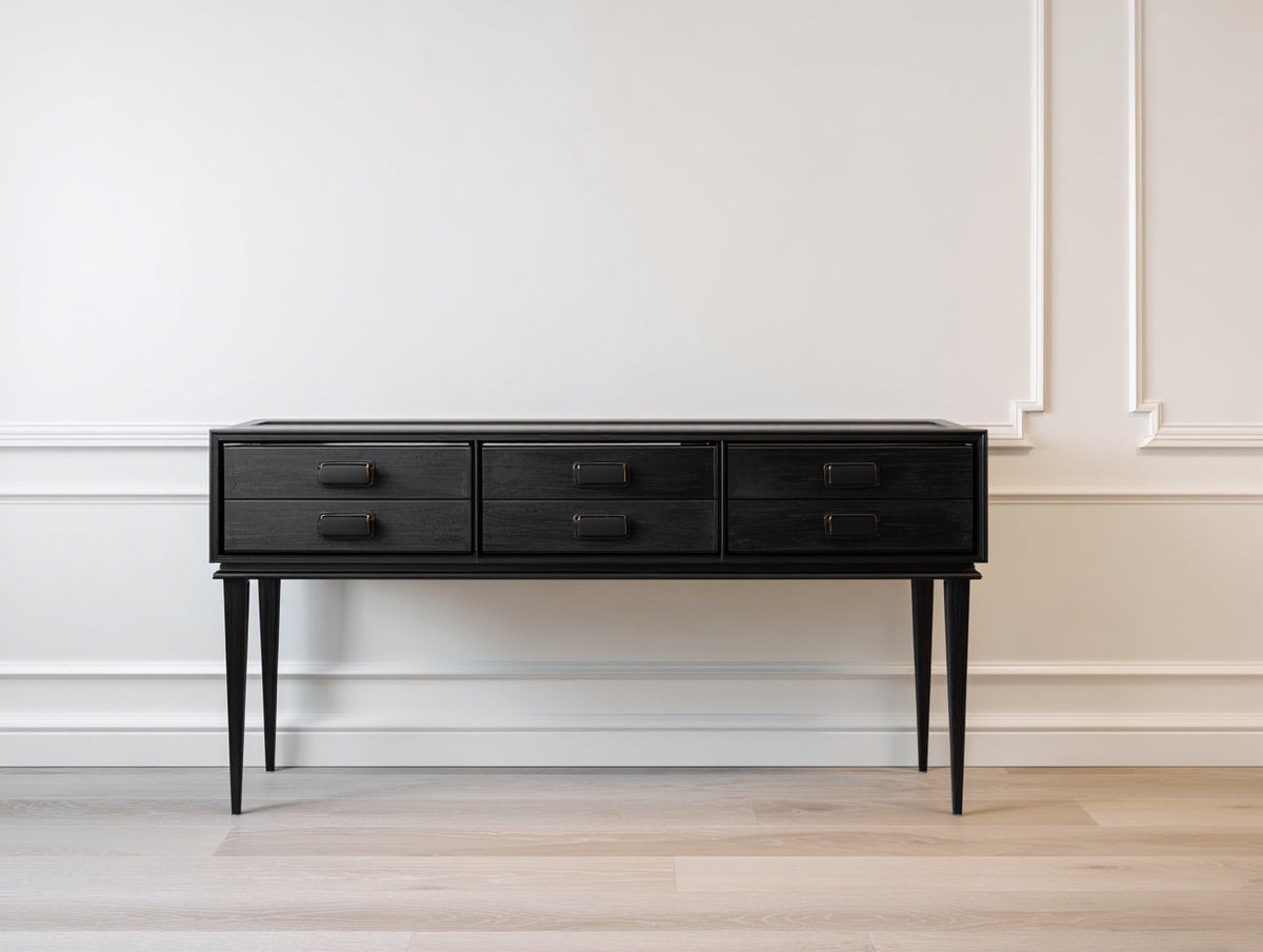 Mueble recibidor de madera manufacturada 140 x 40 x 80 cm - Negro - Seis cajones y patas altas