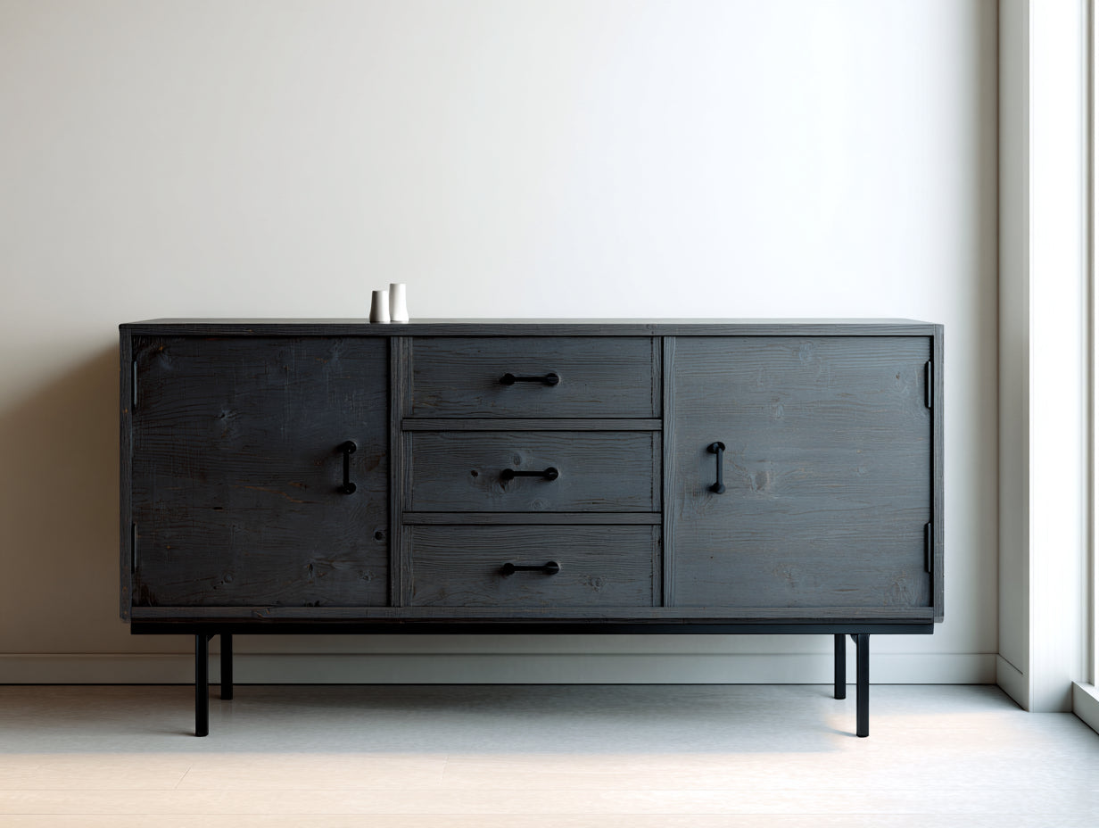 Mueble recibidor de madera 180x40x75 cm - color negro - diseño moderno con 2 puertas y 3 cajones para entrada