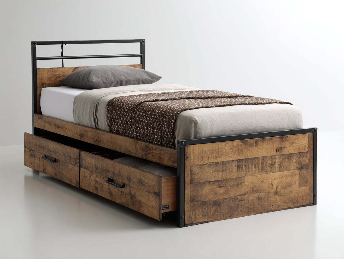 Camas individuales de madera y metal 200 x 100 x 105 cm - Marrón rústico y negro - Dos cajones de almacenamiento