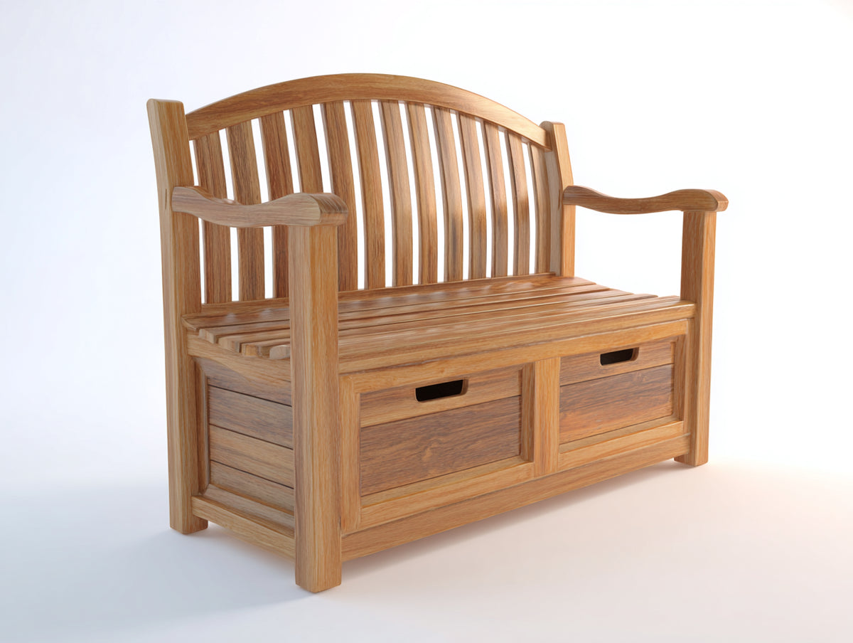 Bancos de jardín de madera 160x65x95 cm - Color madera natural - Estilo clásico con respaldo reposabrazos y 2 cajones