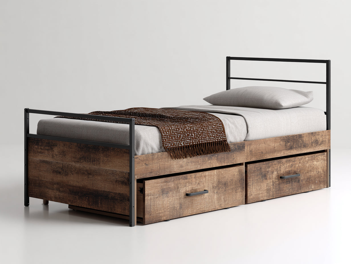 Camas individuales de madera 200x90x100 cm - Color madera natural y negro - Estilo industrial con cajones de almacenamiento