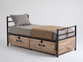 Camas individuales de madera y metal 200x90x100 cm - color marrón claro y negro - diseño industrial con 2 cajones de almacenamiento