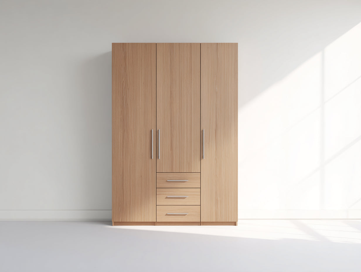 Armarios - Armario de tres puertas con tres cajones de MDF 120x50x180 cm - Color madera diseño moderno
