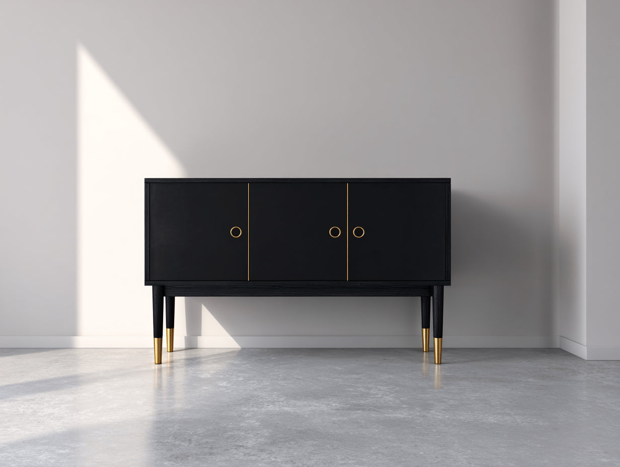 Mueble recibidor de madera 120x40x80 cm - Color negro y dorado - Estilo moderno con 3 puertas de almacenamiento