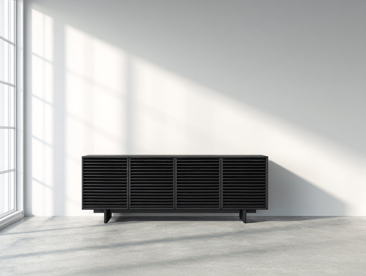 Mueble recibidor de madera 160x40x70 cm - Color negro - Estilo moderno con 4 puertas de almacenamiento