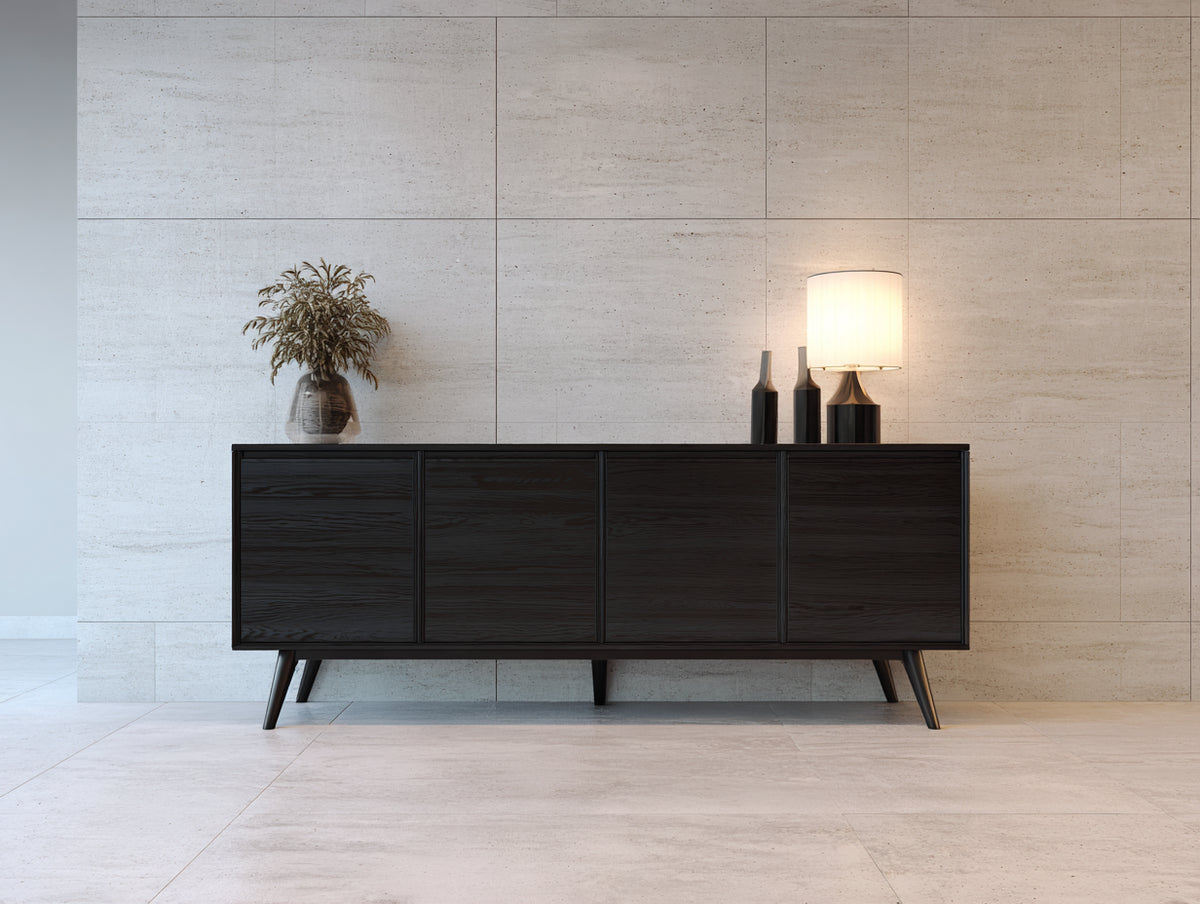 Mueble recibidor de madera manufacturada 160 x 42 x 82 cm - Negro - Cuatro puertas y diseño moderno