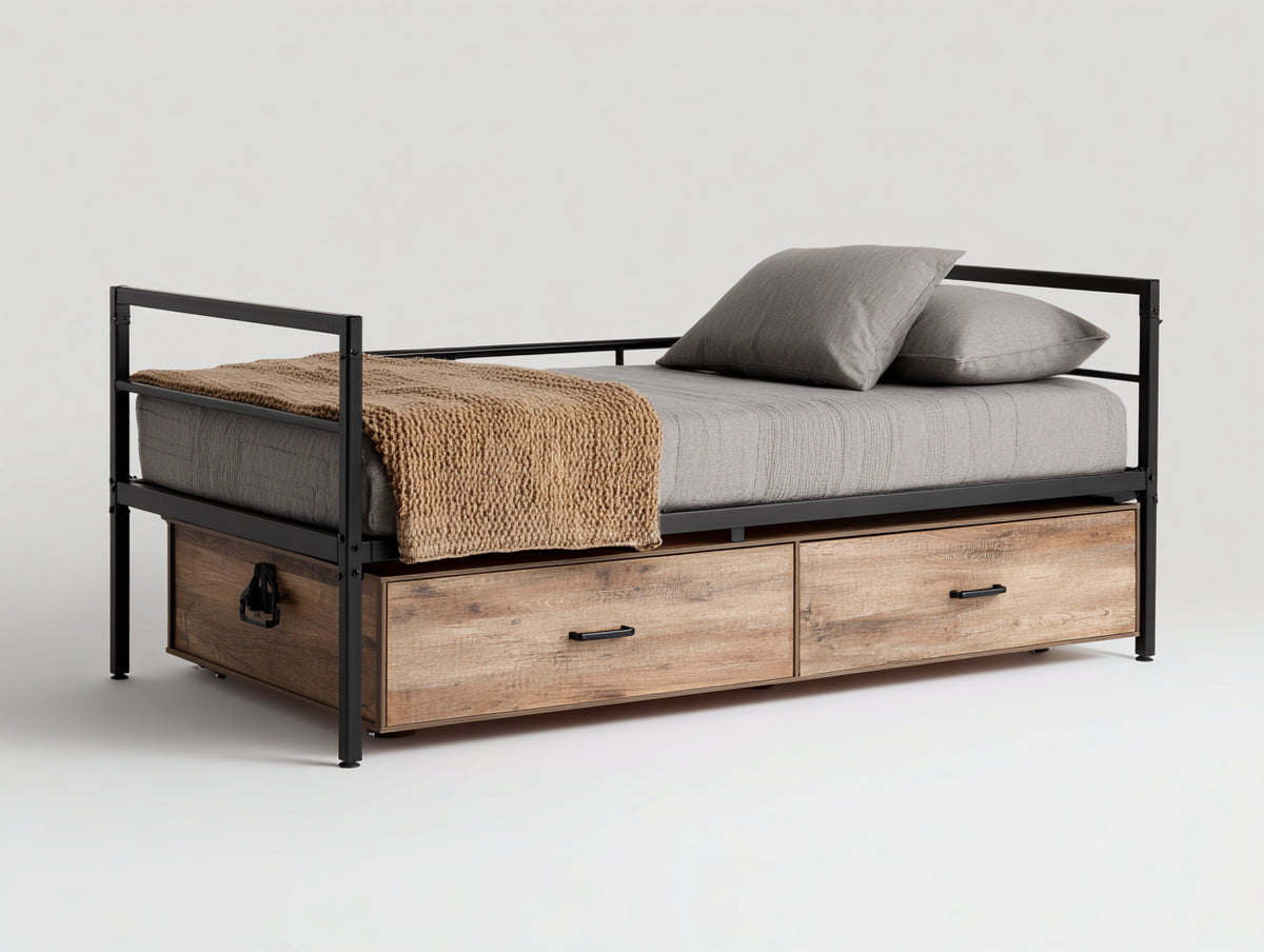 Cama individual con cajones 190x90x95 cm - negro y madera - estilo industrial