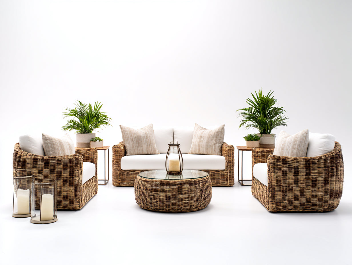 Sofás de exterior de ratán sintético 300x300x78 cm - color marrón y blanco - conjunto modular moderno con mesa de centro y mesas auxiliares para jardín