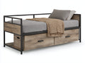 Camas individuales de madera y metal 205 x 105 x 100 cm - Marrón rústico y negro - Dos cajones y almacenamiento lateral