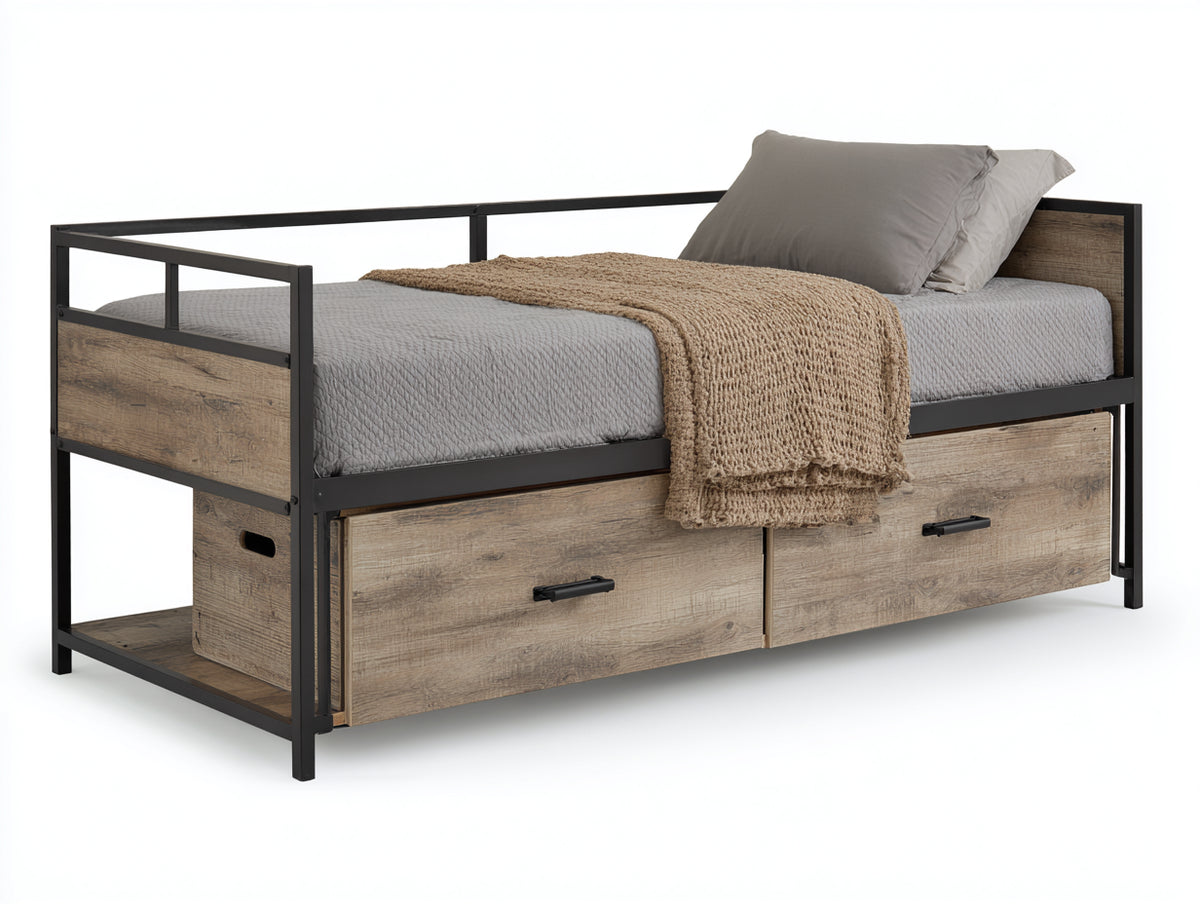 Camas individuales de madera y metal 205 x 105 x 100 cm - Marrón rústico y negro - Dos cajones y almacenamiento lateral