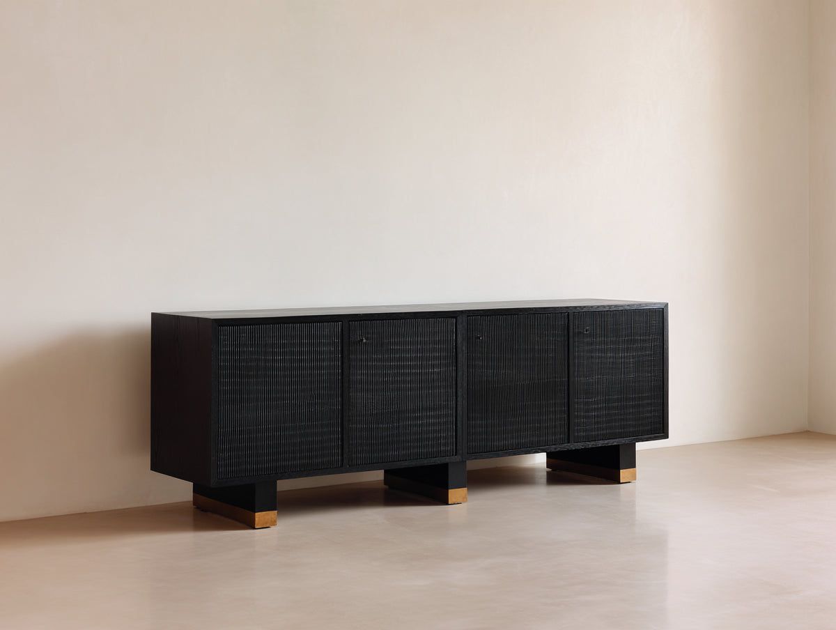 Mueble recibidor de madera 160x40x70 cm - Color negro - Estilo moderno con 4 puertas de almacenamiento